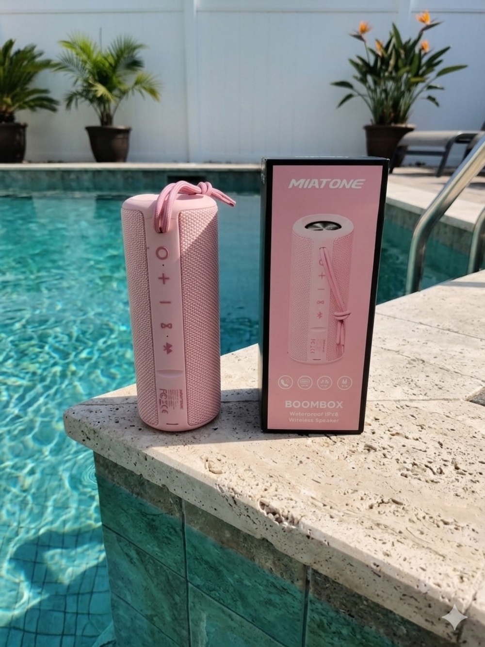 Pink Portable Bluetooth Boombox Speaker — Waterproof, Strap-Ready